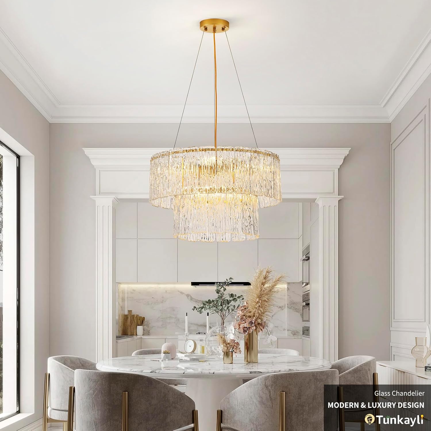 20" Crystal Chandelier Modern Gold Glass Chandeliers 2-Tier Round Elegant Luxury Lighting 6-Light Drum Crystal Chandelier for Dining Room Kitchen Restaurant Foyer Bedroom Living Room Gold 20"