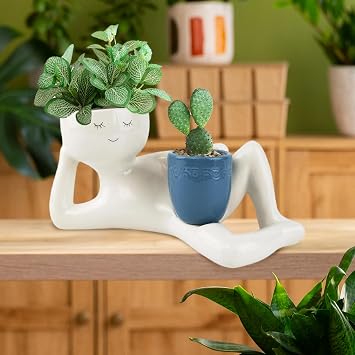 Lazy Guy Planter, Lazy Little Character Flowerpot, Relaxing Person Holding Pot Planter, Funny Plant Pots Unique Shape Pot for Succulents Cactus with Drainage Hole for Home Garden Decor (Blue)
