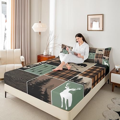 Miniatura 187 de Sábana bajera ajustable de oso de caza, juego de ropa de cama a cuadros de búfalo, sábanas de retazos de cabaña rústica para niños, niños, Multi
