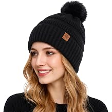 Winter Hats for Women Fleece Line Beanie Hat with Bobble Pom Pom