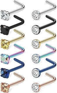 18G 20G 22G Nose Rings Studs 316L Surgical Steel Hypoallergenic Nose Studs Rings Screw L Shaped Straight Nose Nostril Rings Piercing Jewelry for Women Men Diamond CZ 1.5mm 2mm 2.5mm 3mm 12Pcs