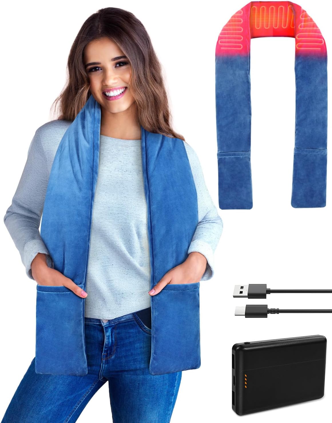 Heated Scarf Neck Heating Pad with 10000mAh Power Bank, Long Heated Neck Wrap for Neck Pain Relief, Cordless Portable Neck Warmer with Pocket for Home, Outdoor, Gift for Women & Men(Blue)
