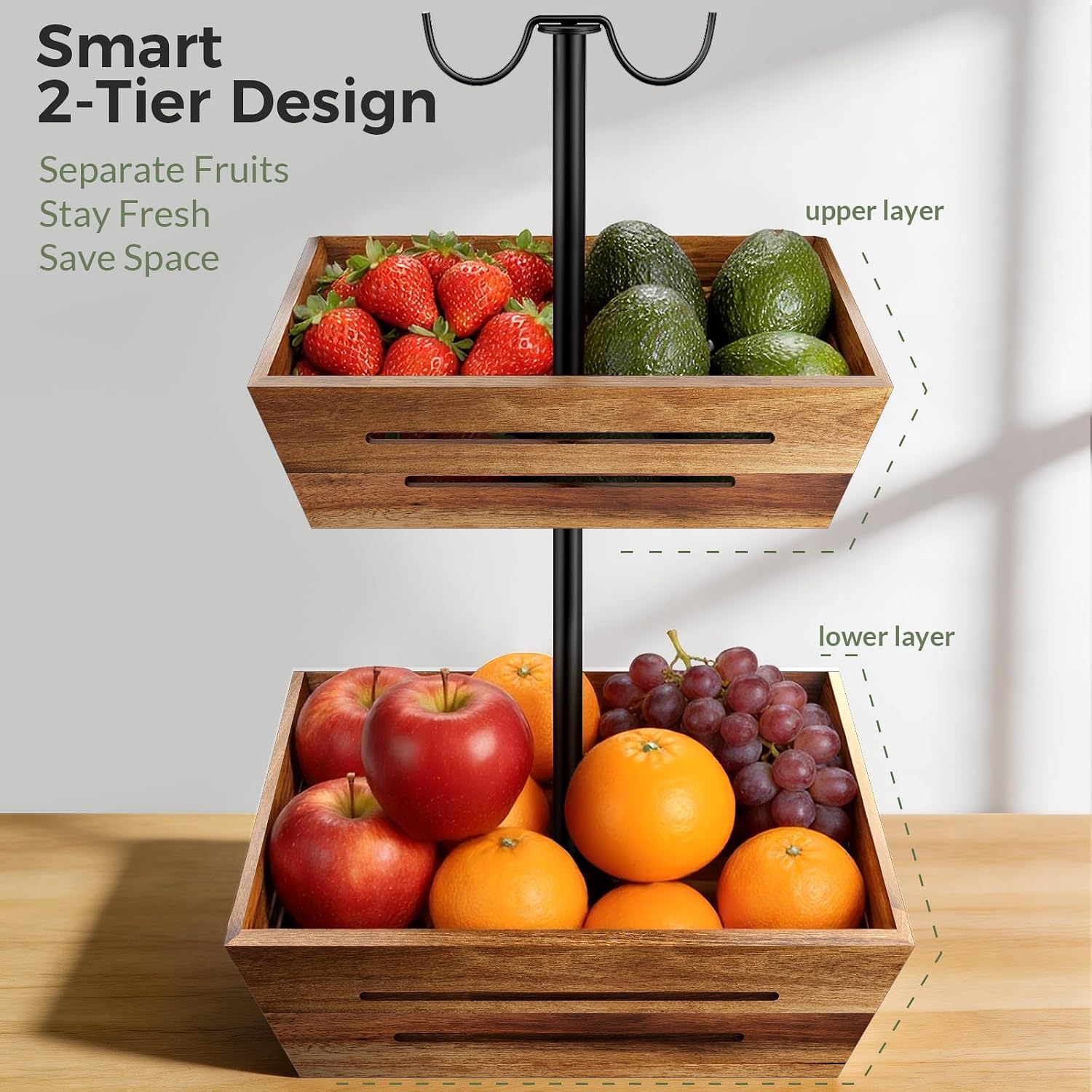 G.a HOMEFAVOR Acacia Wood Fruit Basket: 2-Tier Vegetable Storage with Banana Holder, Kitchen Countertop Organizer for Bread Snack, Large Size