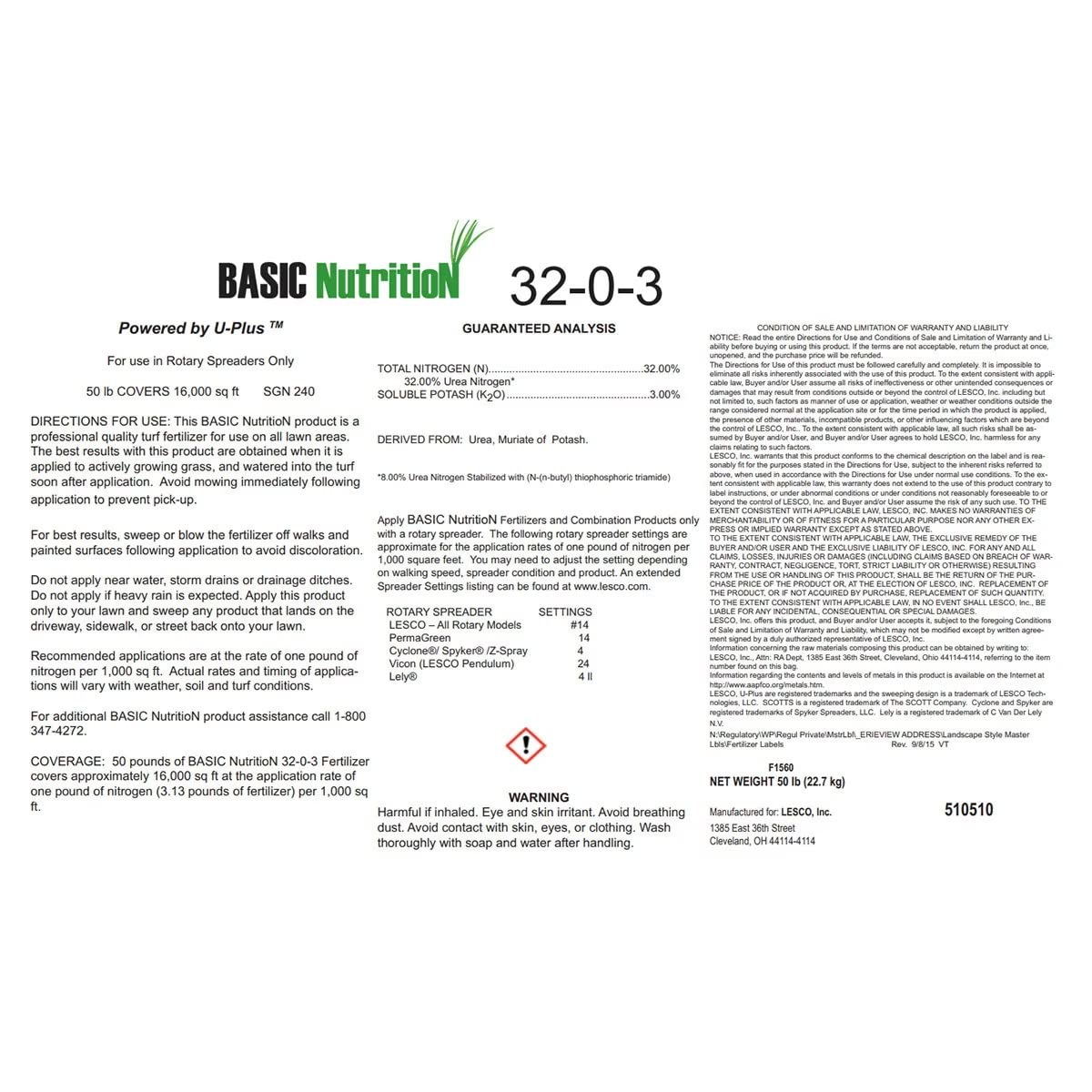 Lesco Basic Nutrition Fertilizer Stabilized Nitrogen 32-0-3 25% U-Plus 50 lb.