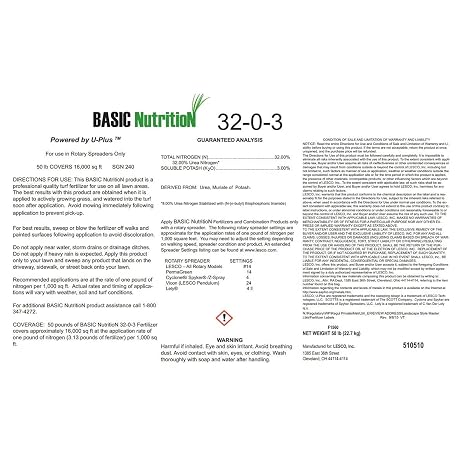 Lesco Basic Nutrition Fertilizer Stabilized Nitrogen 32-0-3 25% U-Plus 50 lb.