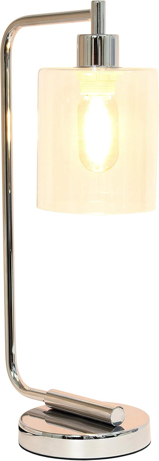 Simple Designs LD1036-CHR Bronson Antique Style Industrial Iron Lantern Desk Bedside Glass Shade Table Lamp, Chrome