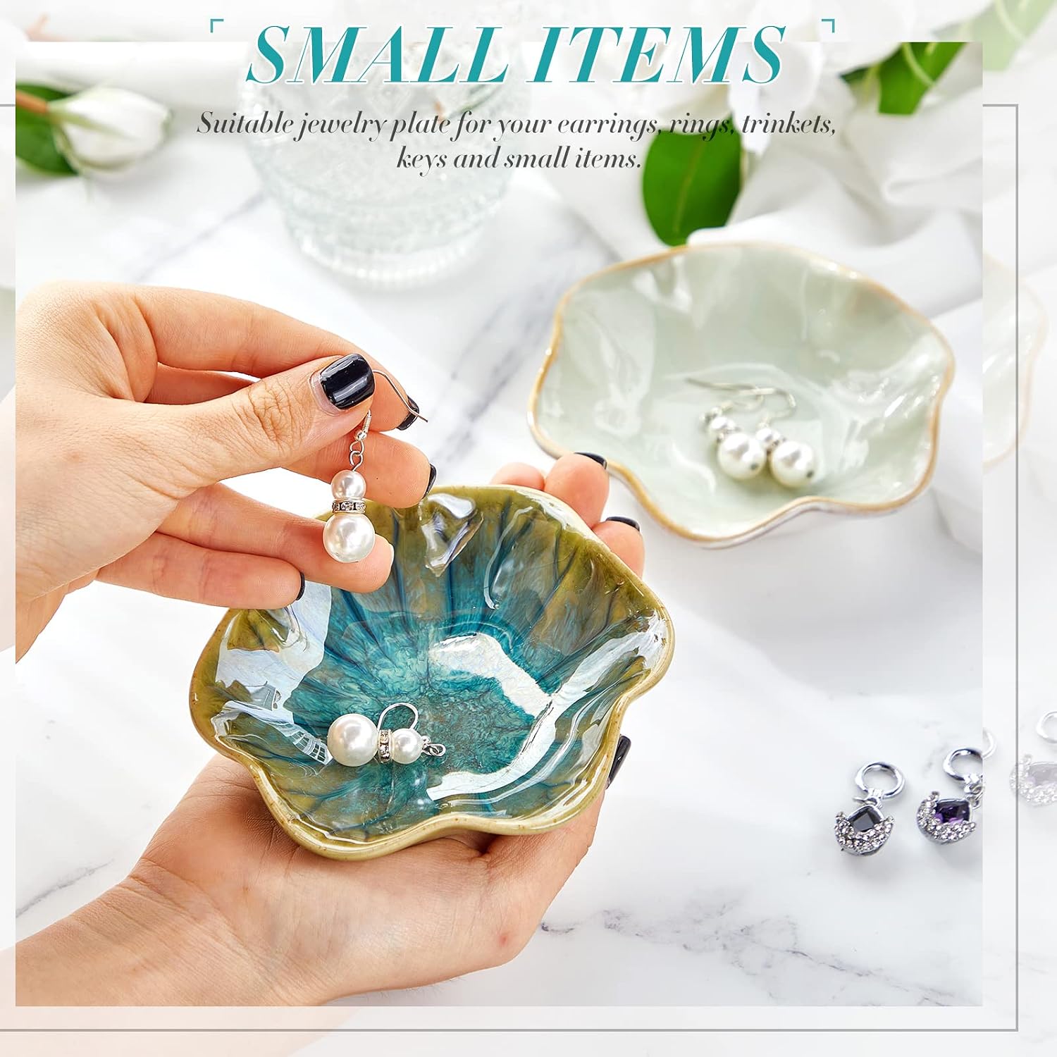 meekoo 2 Pcs Trinket Dishes for Jewelry Lotus Leaf Shape Ceramic Ring Holder Jewelry Tray Bowl Woman Gift for Mom Sister(Green)