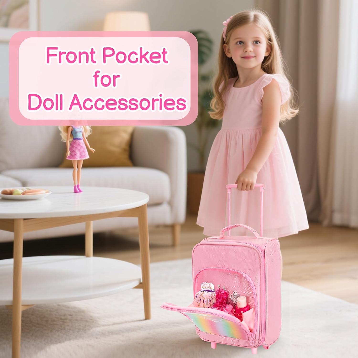 Travel Rolling Suitcase Compatible with Barbie Dolls 12-Inch Holds up to 6 Dolls, Storage Luggage Backpack with Wheels and Handle, Multiple Pockets for Doll’s Clothes, Accessories, Pink, Bag Only