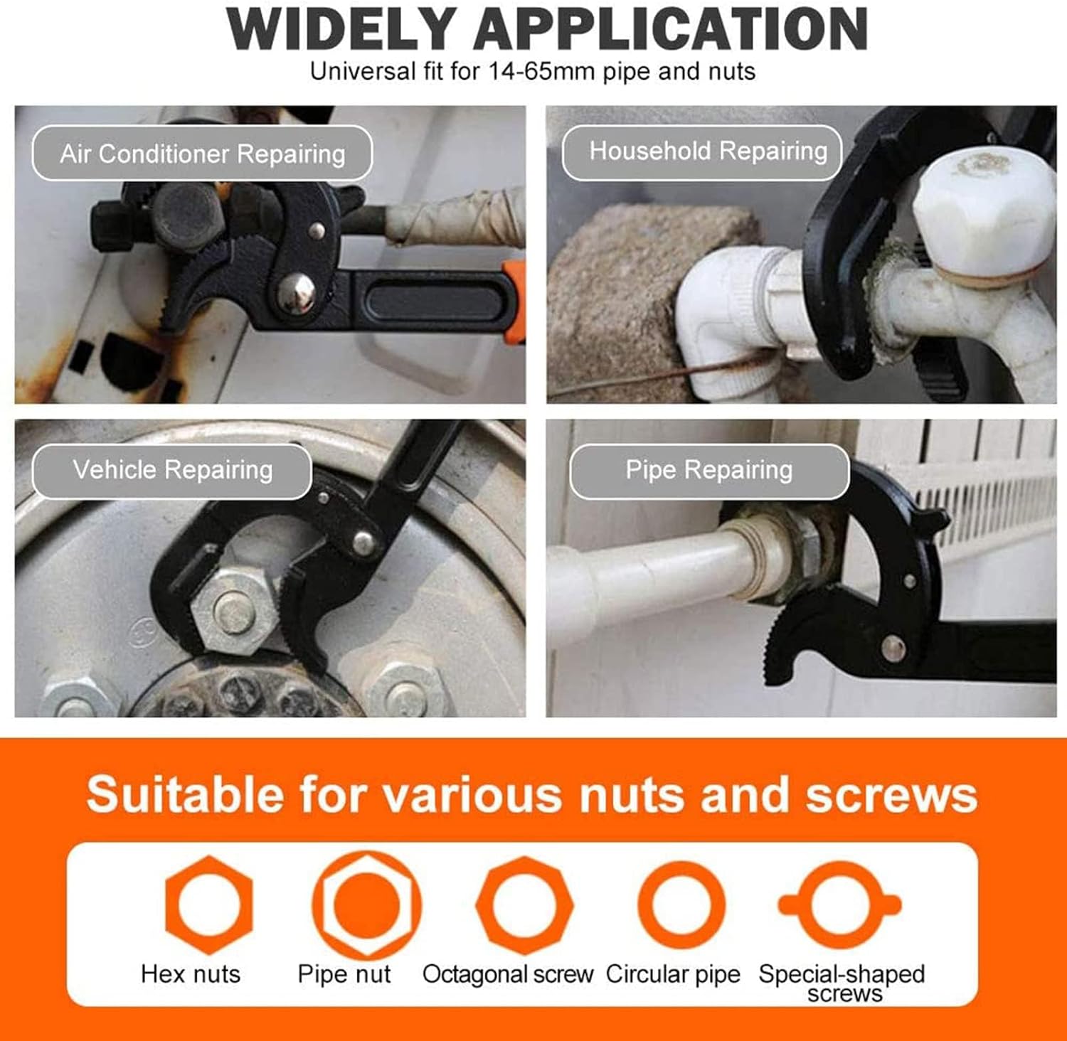 RULLINE Adjustable Wrench Quick Multi-Function Spanner Power Grip Pipe Wrench Set 2 Pack compatible with 14-60mm Pipes Nuts Screws