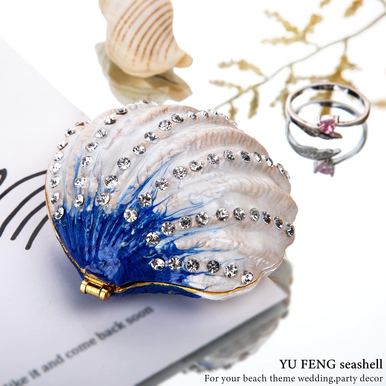 YU FENG 2.3inch Seashell Figurine Trinket Box Hinged Crystals Jeweled Painted Enameled Collectible Ocean Jewelry Box(Dark Blue) Christmas Gift - Image 3
