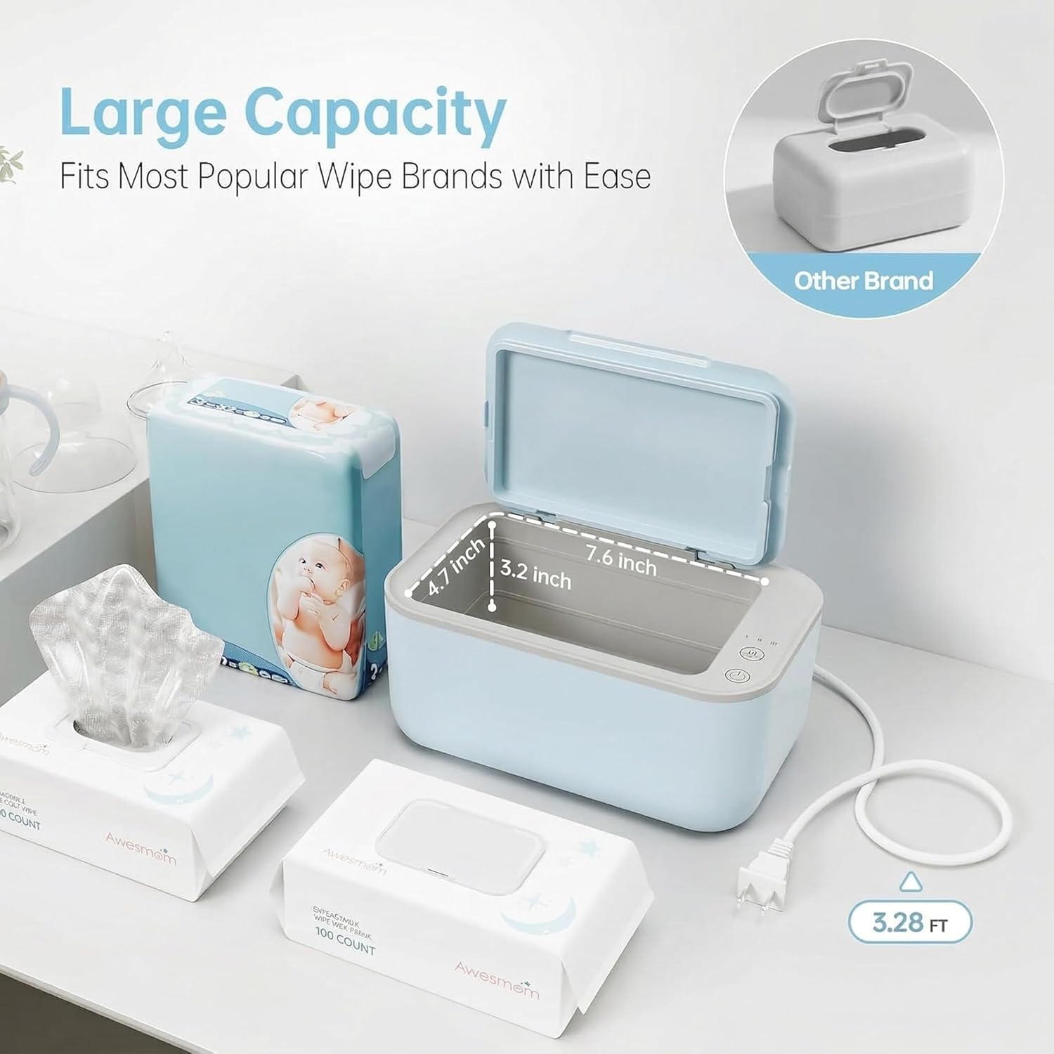 Wipe Warmer for Babies, Adult, Adjustable Temperature, Silent Heating, Large Wipe Holder with Constant Warmth –Blue