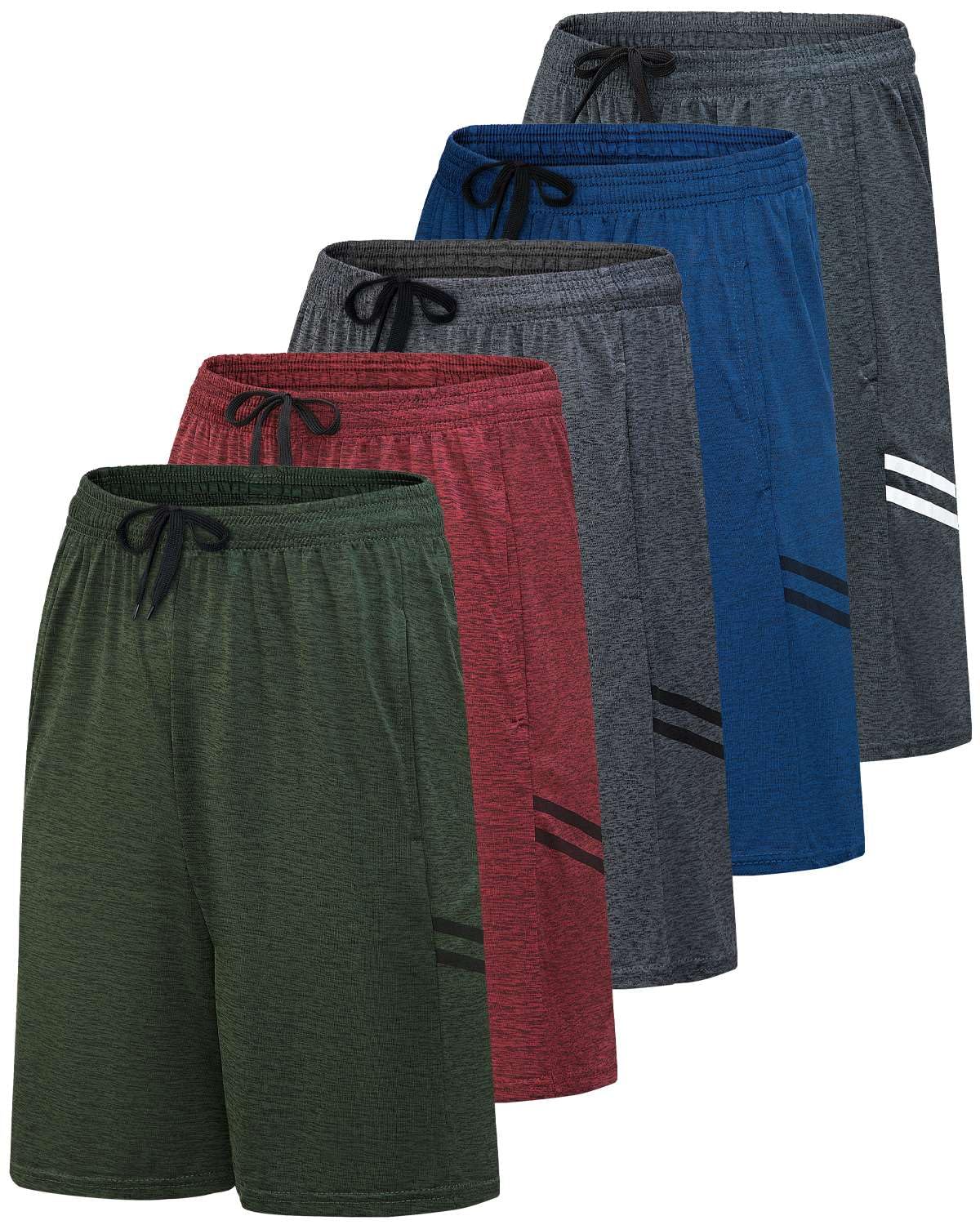Real Essentials Mens 5 Pack 9 Dry-Fit Shorts Athletic Gym Workout Basketball Running Casual Lounge Active Pockets