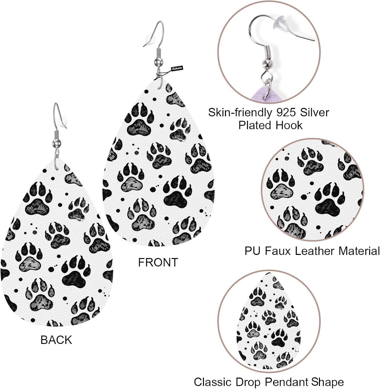 Zokola Dog Paw Cute Dangle Earrings, Black Cute Pet Doggy Paw Footprints Lightweight Leather Earrings Teardrop Leaf Earrings Wedding Jewelry Women Teen Friends - Image 2