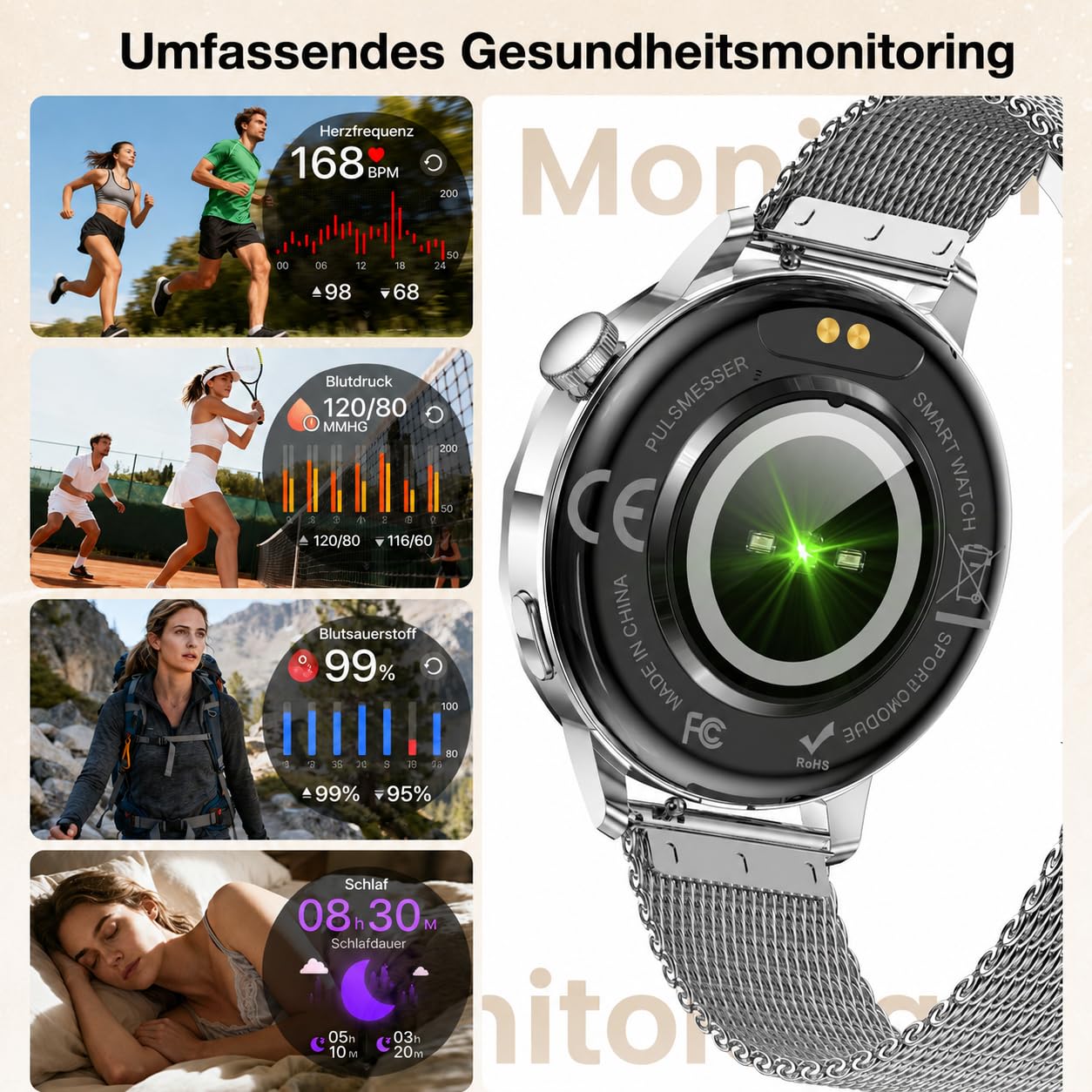 Smartwatch Donna Chiamate BLE5.3, 1,27'' HD Schermo Orologio Smartwatch Rotondo con Notifiche Messaggi/120+ Sportive/Cardiofrequenzimetro/SpO2/Sonno, Smart Watch Donna IP68 per Android iOS, Argento