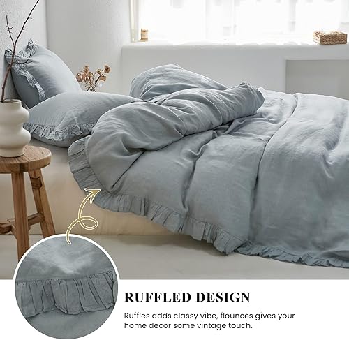 Miniatura 6 de Simple&Opulence - Juego de funda de duvet de 3 piezas, 100% lino francés lavado con volantes, estilo campestre bohemio, tamaño Queen (88x92