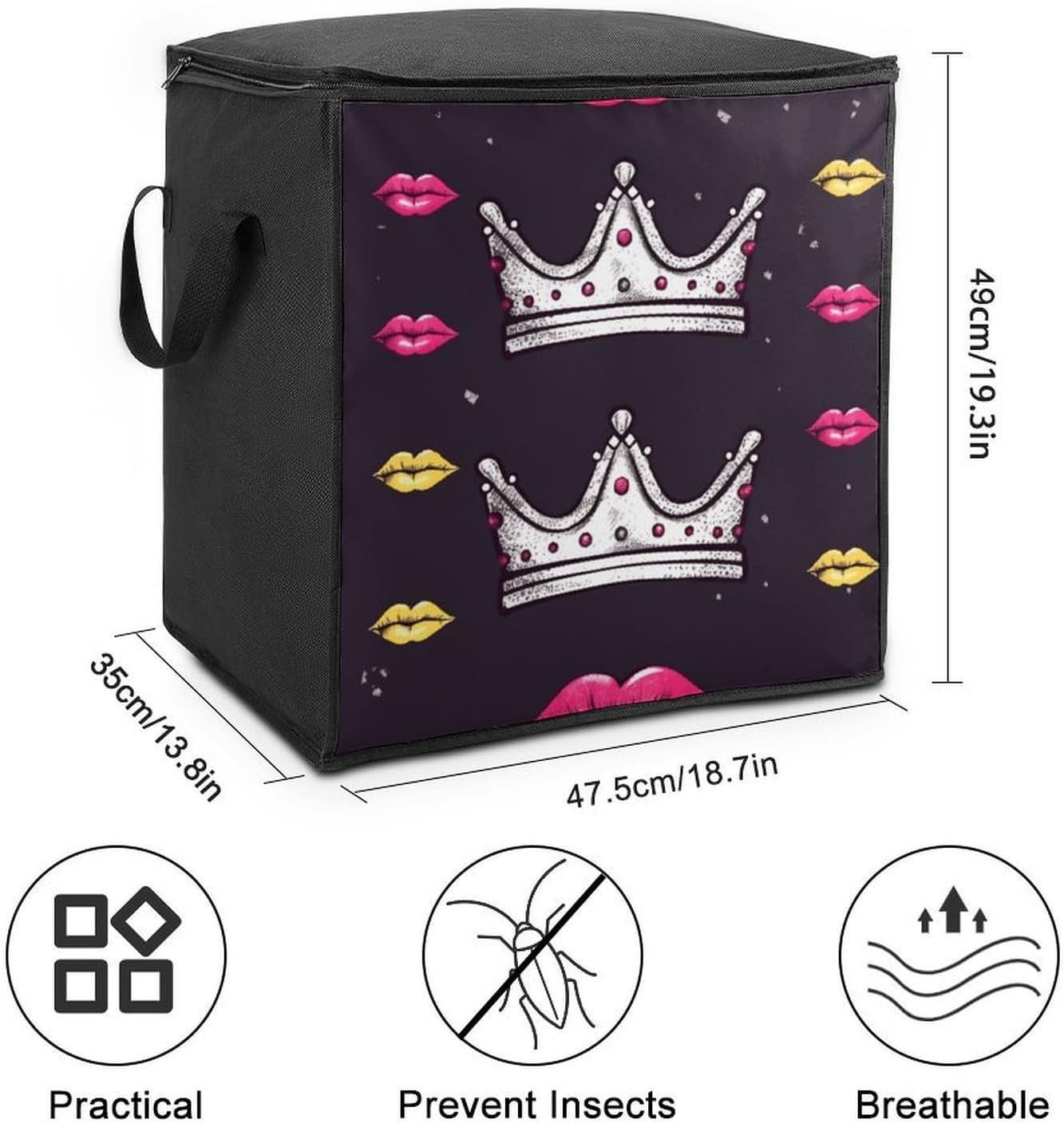 Crown And Lips Storage Bags Moving Bags Storage Bins | Comforter Storage Bag Reinforced Handles & Zippers Foldable Closet Organizers and Storage for Blanket Pillow Clothes