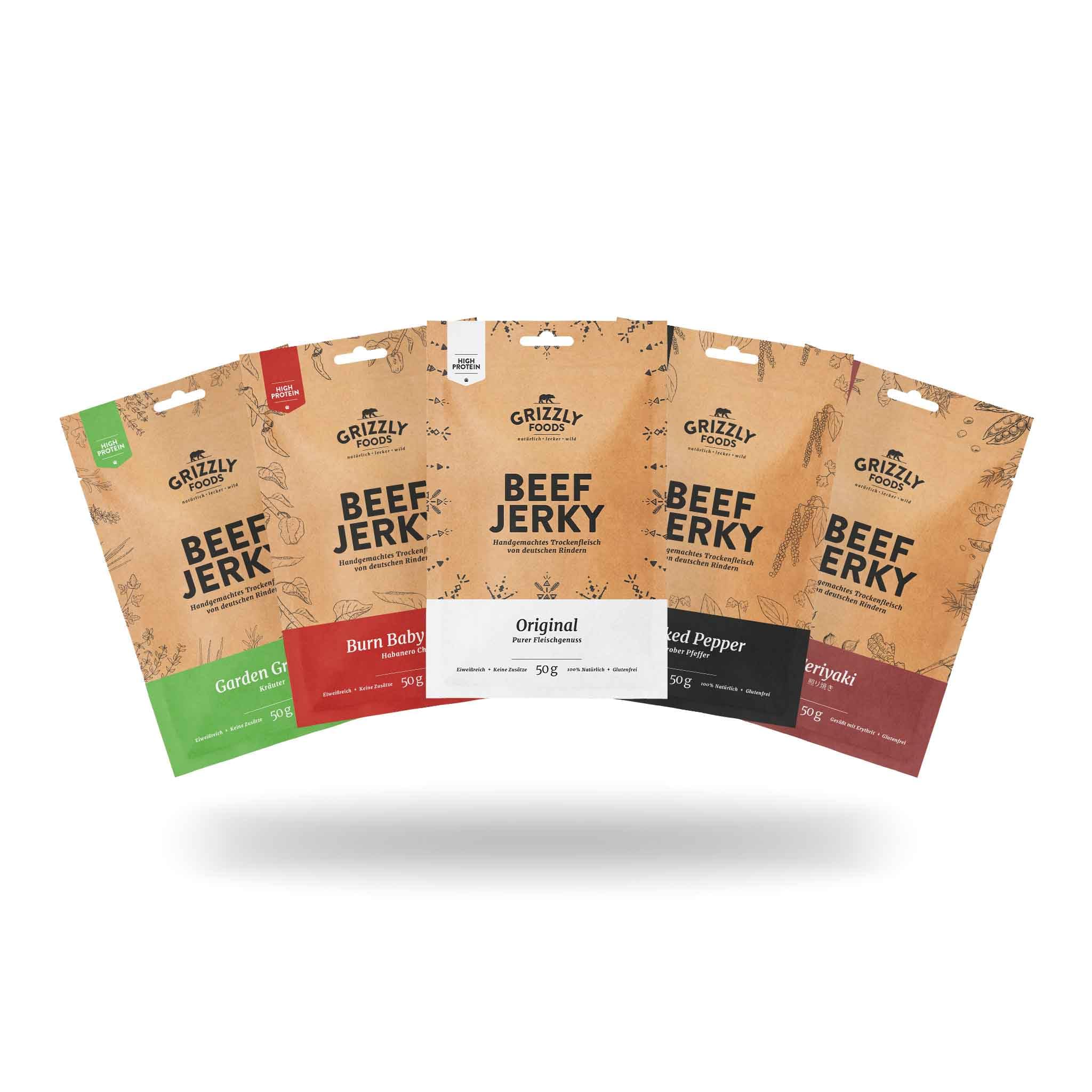 Grizzly Foods • Beef Jerky Probierpaket mit 5 Sorten (5 x 50g) • Trockenfleisch Eiweiß Snacks • Rindfleisch aus Deutschland • High Protein Snack für Gym, Fitness, Outdoor, Office