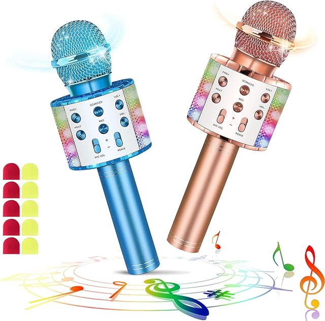 2 Szt Bezprzewodowy Mikrofon Do Karaoke Bluetooth Ze światłami LED Przenośny Ręczny śpiew Karaoke Głośnik Maszyna Zabawki Prezenty Dla Dzieci Dorośli (W / 10 Jednorazowych Osłon Mikrofonu)
