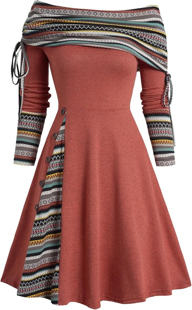 DRESSFO Womens Boho Knit Sweater Dress Long Sleeve Off Shoulder Button  Sweatshirt Colorblock A Line Winter Dress at Amazon Women's Clothing store