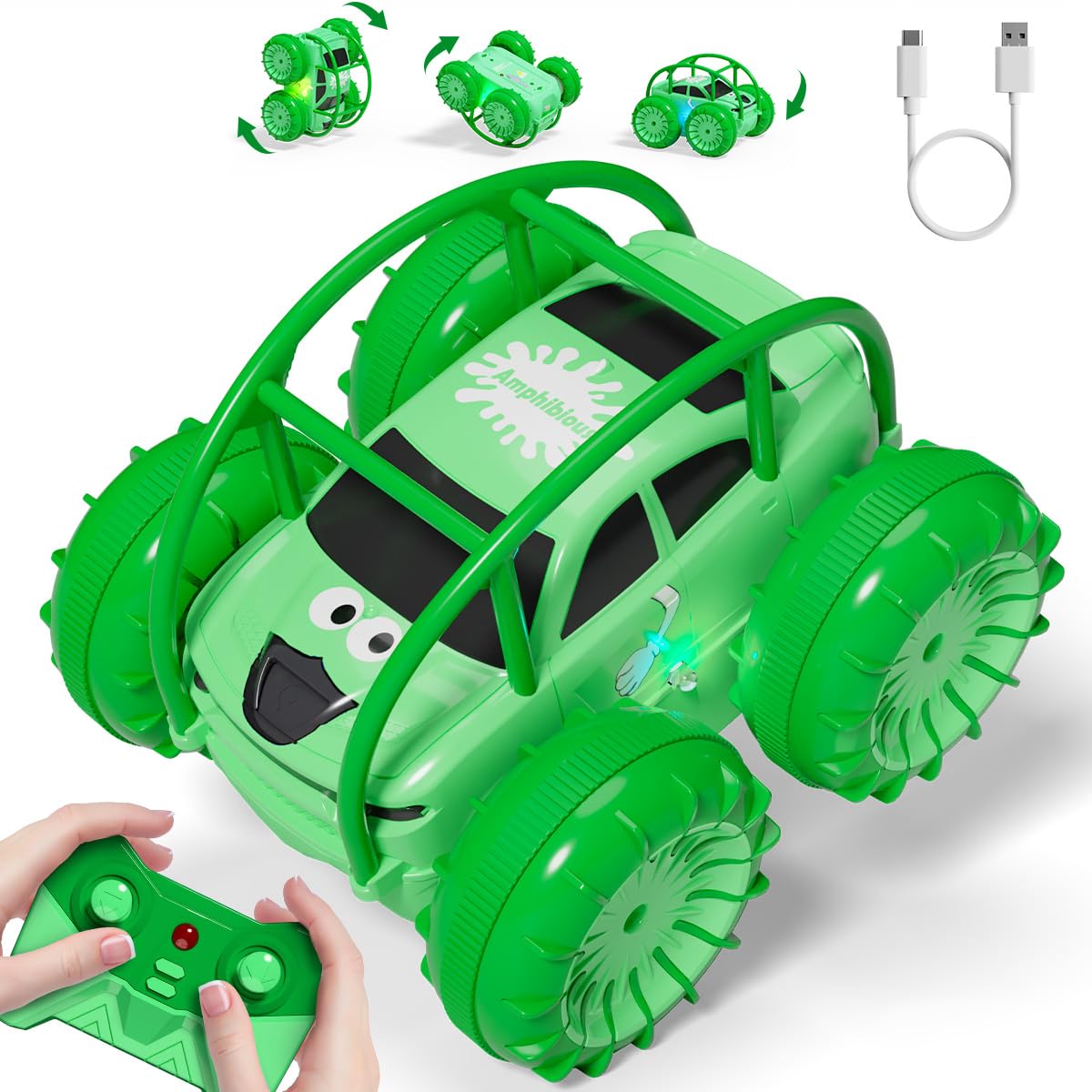 Direct Charging Remote Control Cars with USB Type-C Cable, Amphibious Fast Charging Stunt Car 360 Flip,LED Lights,15 km/h 4WD for Kids Ages 3-12, Waterproof Indoor Outdoor RC Toy Gift for Boys Girls