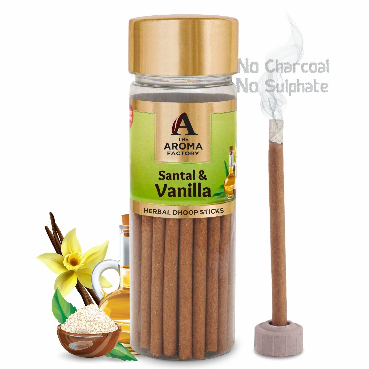 The Aroma Factory Dhoop batti - Varillas de bambú con soporte para incienso, 5 botellas de 75 g, con bolsa de yute (bienestar)