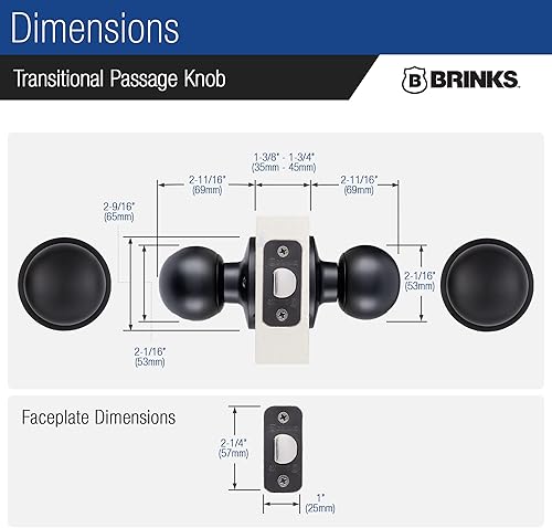 Miniatura 5 de BRINKS Pomos de puerta interiores, pomos de puerta de bola de transición sin bloqueo, negro mate para decoración tradicional y de transición