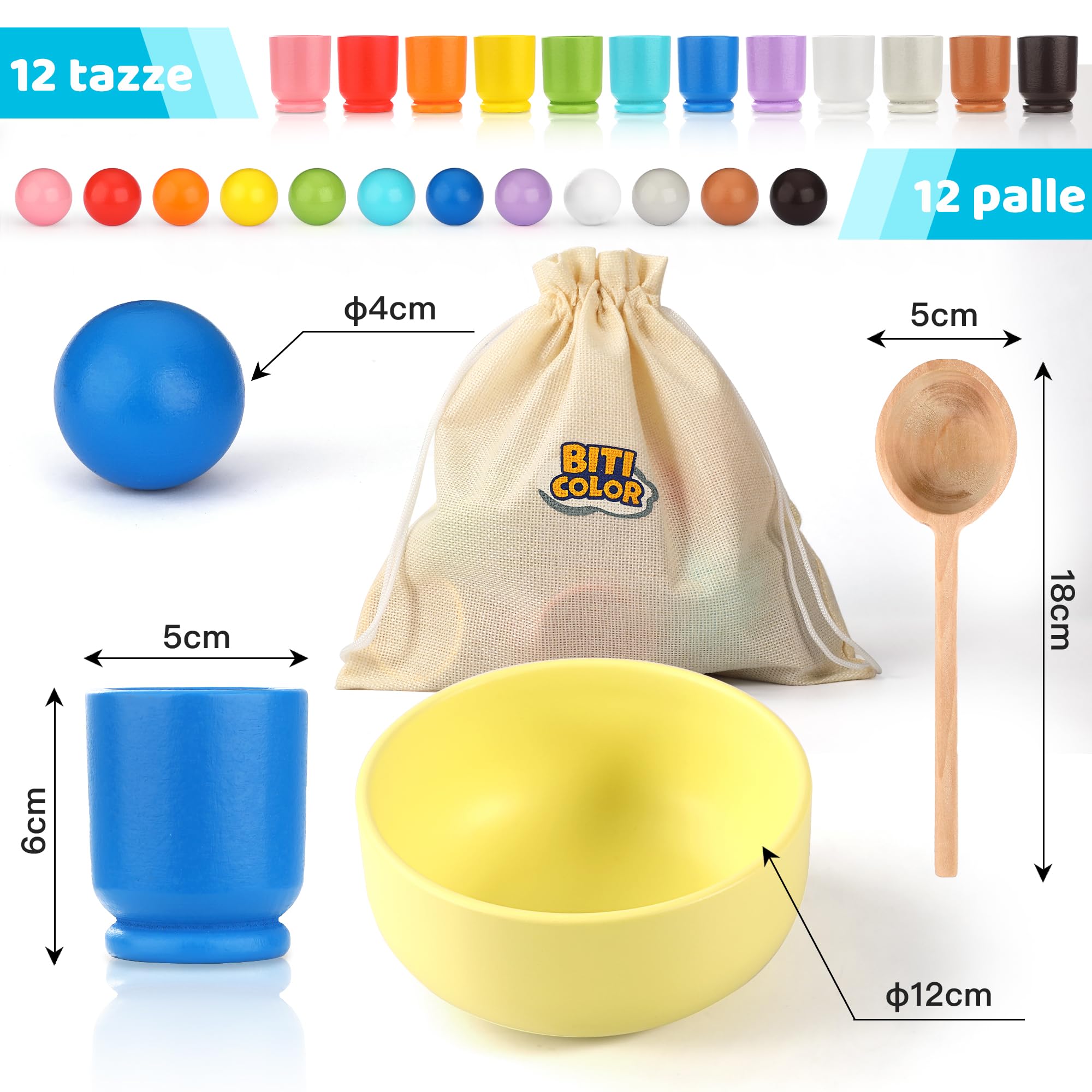 Palla in Tazza Giocattolo montessoriano in Legno per Giochi Legno la la Selezione dei Colori dell'arcobaleno per i Bambini della Scuola Materna - 12 Palle da 40 mm