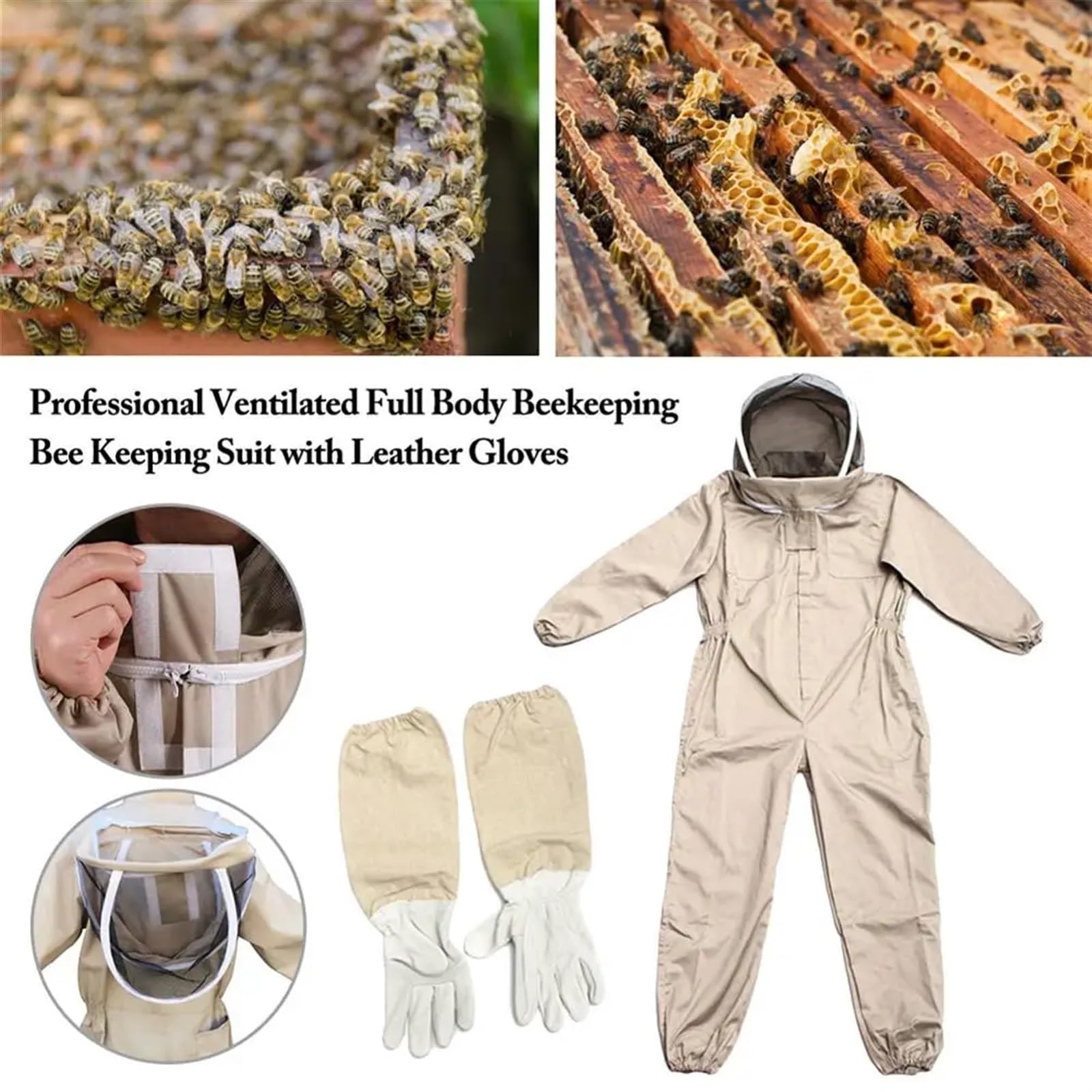 Tuta Intera for Apicoltura ventilata Professionale for Apicoltura con Guanti in Pelle Abbigliamento Protettivo Attrezzatura di Sicurezza agricola(XXL)