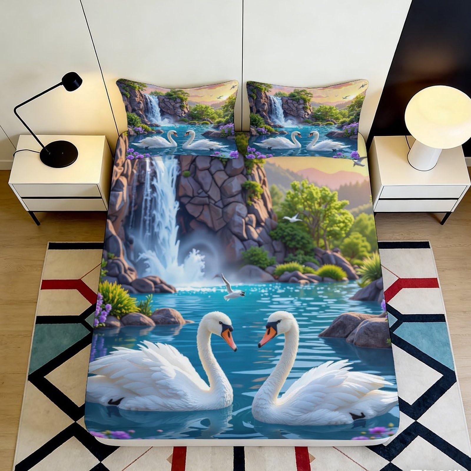 3D Printed Swan Lake Fitted Sheet Microfiber Soft Breathable Waterfall Bed Cover for Bedroom Dormitory Guest Room Mattress Protection Decor 200x200x25cm