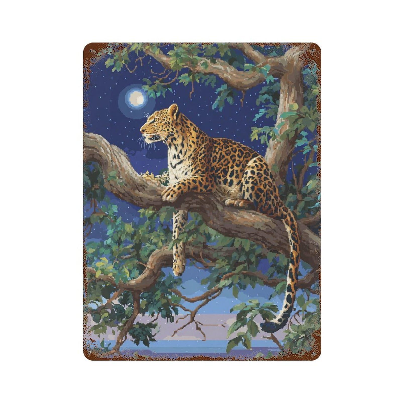 Leopard in Moonlit Tree Rusty Metal Tin Sign 15.7"x11.8", Vintage Wall Decor for Garage, Pub Or Kitchen