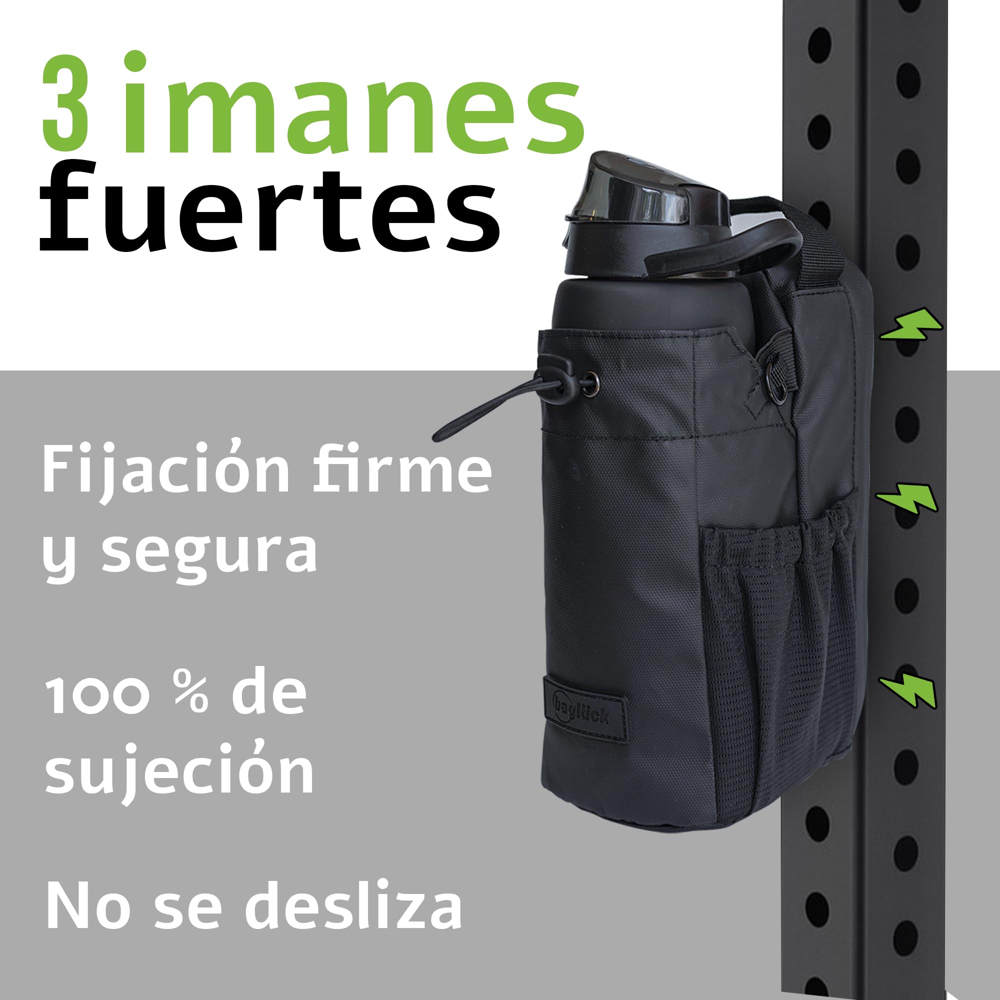 Bolsa Deportiva Magnética para Gimnasio con Soporte para Botella 1,5 L, Correa Ajustable, Negro