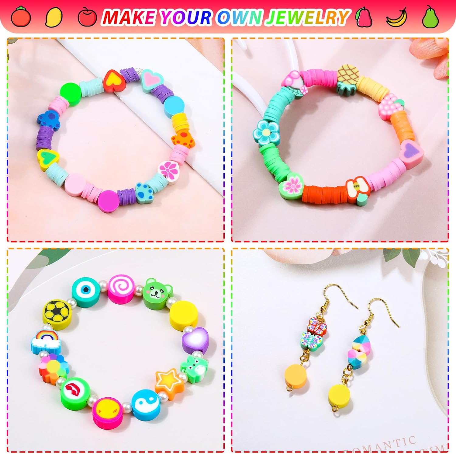 480 Pcs Fruit Flower Polymer Clay Beads, 24 Styles Trendy Cute Bead Charms for Bracelets Jewelry Necklace Earring Making with Elastic String