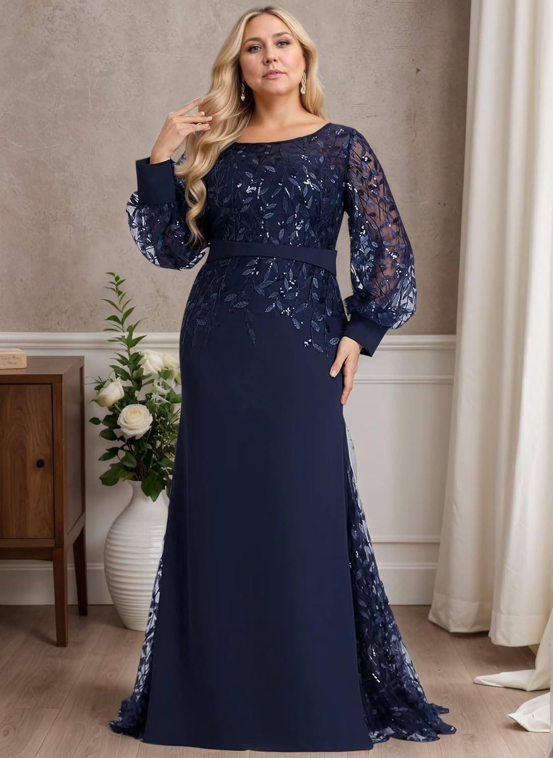 Laces Mother of The Bride Dresses for Women Sequin Chiffon Crew Neck Mermaid Grandmother of Groom Dress Long Sleeves - Image 5