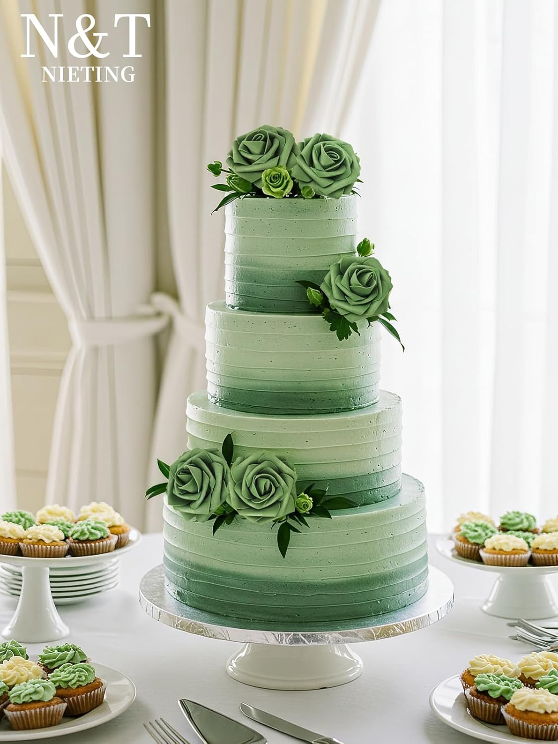 N&T NIETING Roses Artificial Flowers, 25pcs Artificial Flowers Foam Flowers with Stems for DIY Cake Decoration Wedding Party Home Decoration, Army Green - Image 5