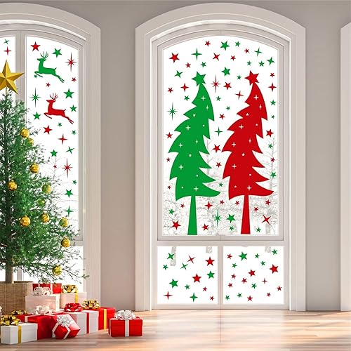Miniatura 6 de Calcomanías de pared grandes para árbol de Navidad, vinilo rojo y verde, calcomanías de pared de pino para despegar y pegar, estrellas y árboles de