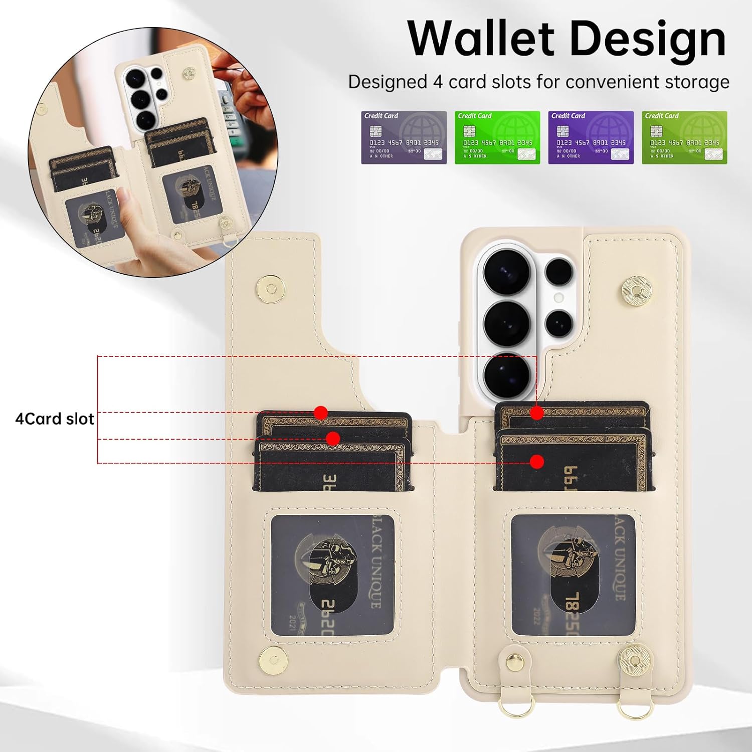 Crossbody Wallet Case for Samsung Galaxy S26 Ultra(6.9") with Detachable Strap - PU Leather Flip Folio with Card Slots & RFID Blocking, Sparkling Diamond Accents-Beige