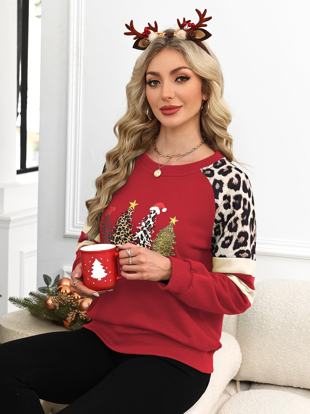 Sweatshirt Damen Baumwolle Leopard Shirt Langarm Tshirt Frauen Oberteile Lässige Baumwolle Rundhals Farbblock Leicht Tunika für Herbst Frühling Winter