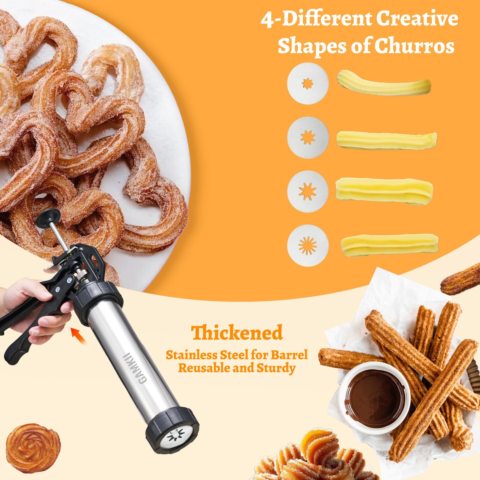 Churro Maker Macchina Stailness Acciaio Churrro Gun Kit con 4 Fette per Churro Cavo, 5 Cookies Discs, 6 Icing Piping Nozzle, 2 Spazzole Pulite per Torta Dessert DIY Maker Cookie Presse