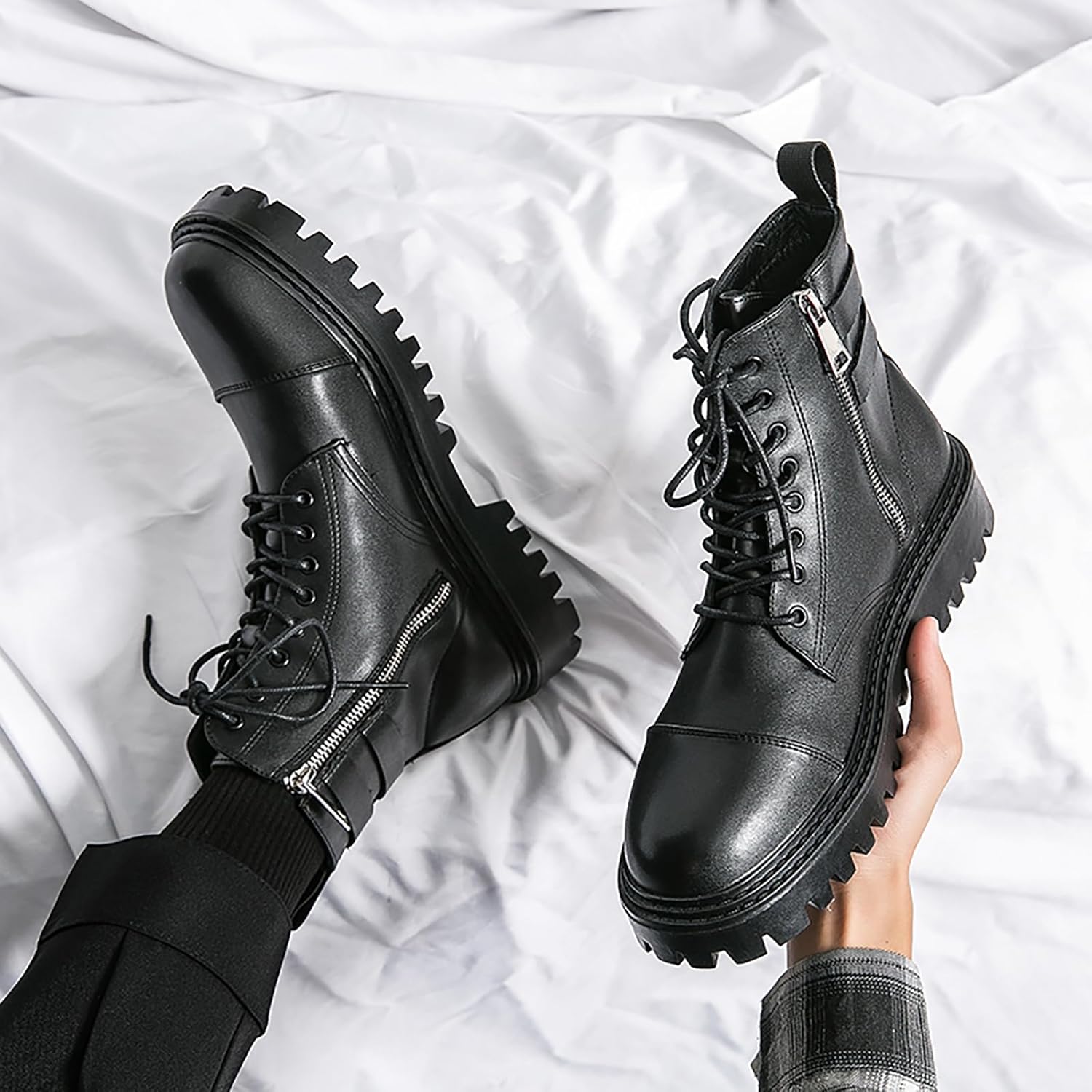 Men's Leather Lace-Up Platform Motorcycle Boots Fashion Round Toe Side Zipper High Top Combat Boots with Adjustable Buckle Comfort Non-Slip Lug Sole Ankle Boots
