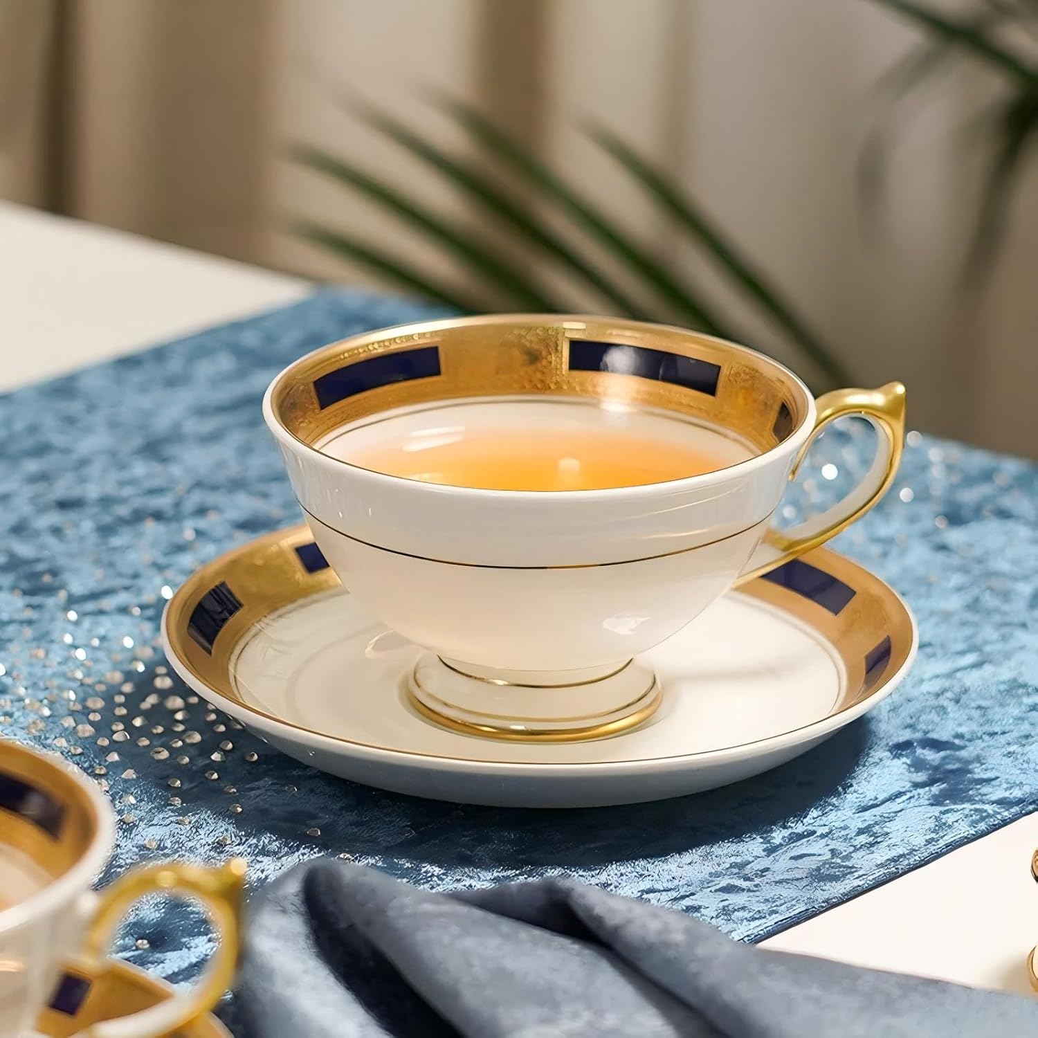 Aynsley Empress Athens Tea Cup and Saucer Set – 180ml Bone China – Hand-Painted 24K Relief Gold Rim & Handle – Elegant Tea Set for Weddings, Anniversaries, Luxury Gifting (Cobalt)