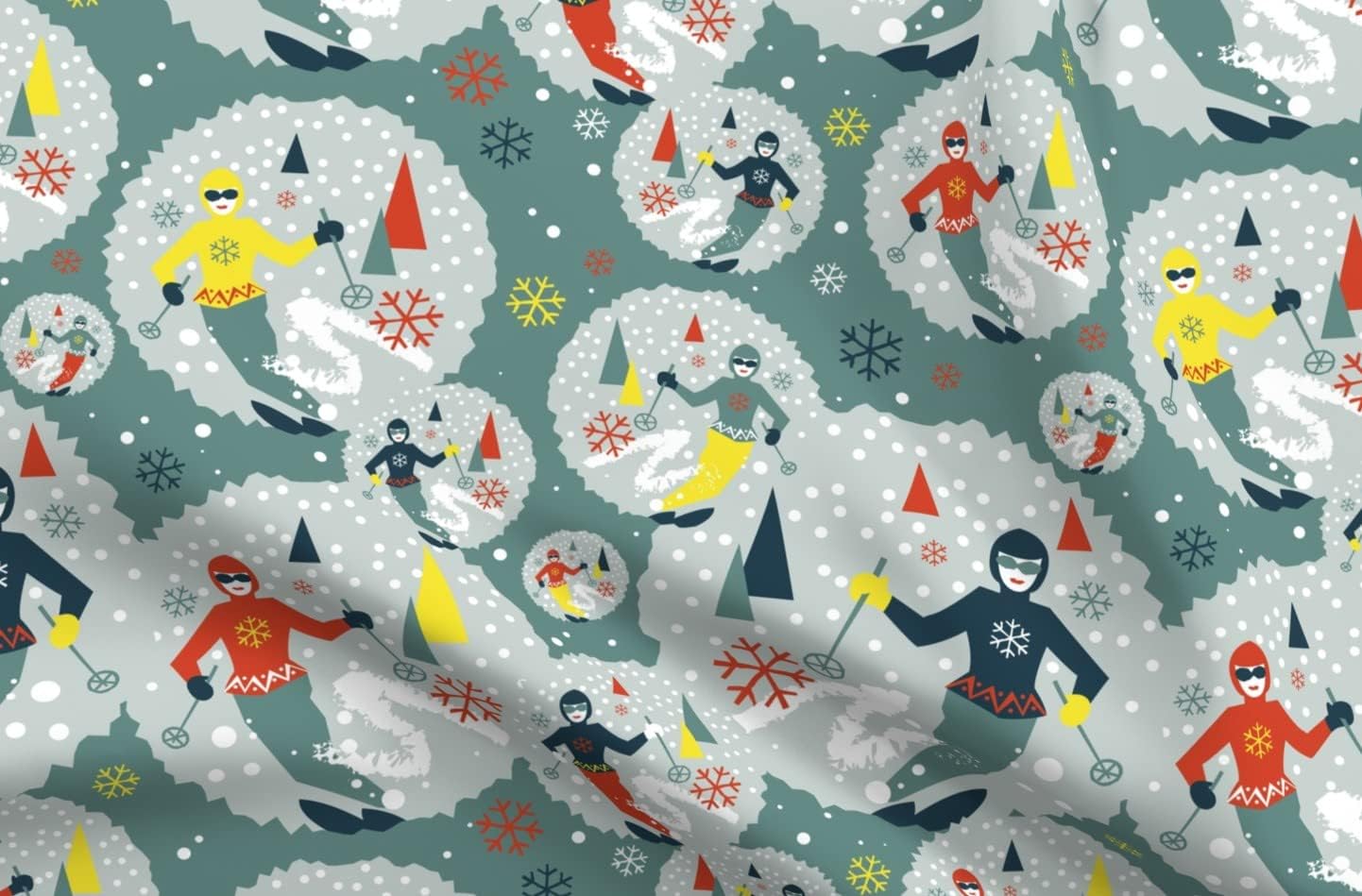 Spoonflower Fabric - Retro Vintage Ski Skiing Winter Snow Sport Mountain Printed on Petal Signature Cotton Fabric by The Yard - Sewing Quilting Apparel Crafts Decor