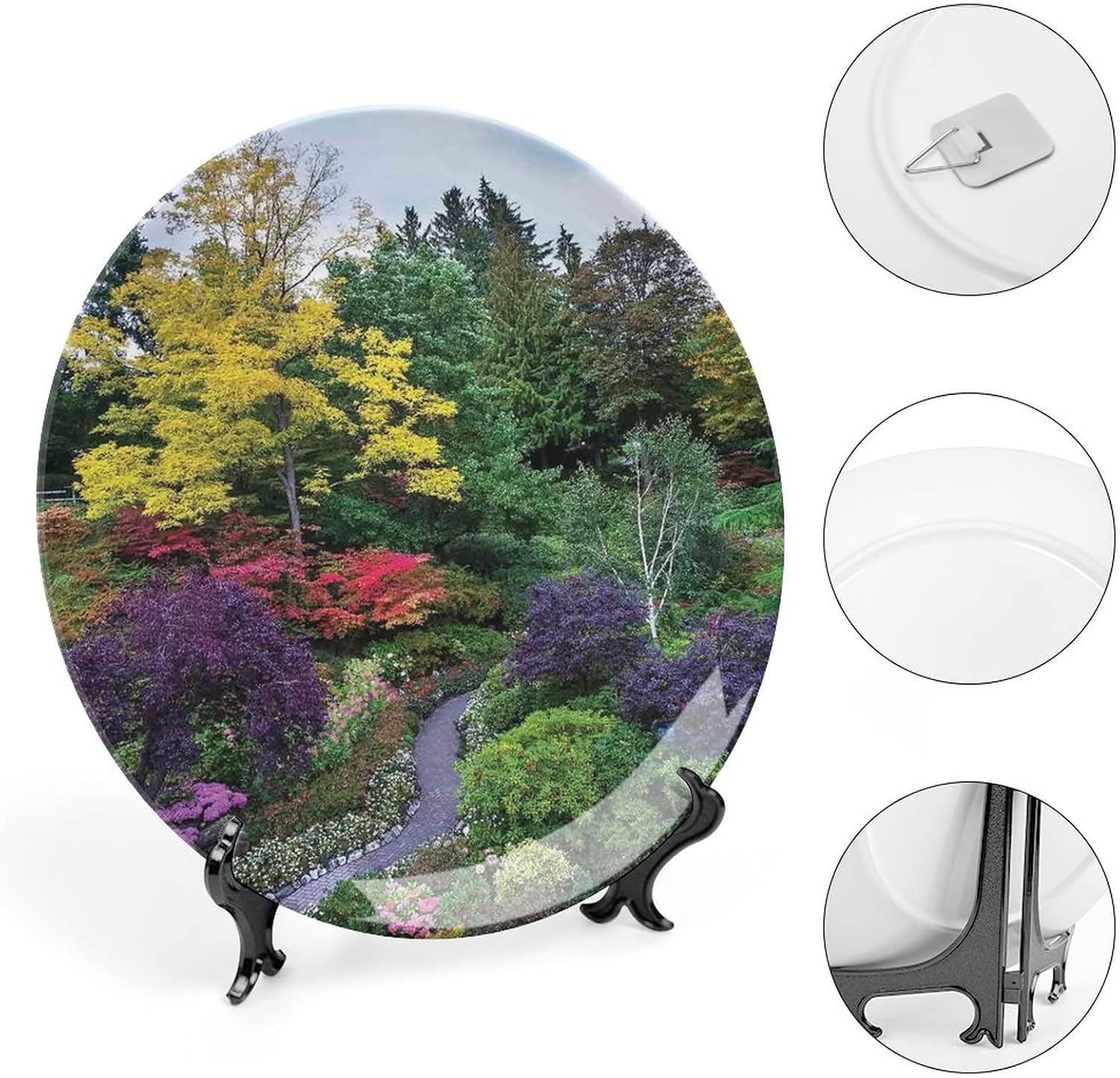 XISUNYA 8 Inch Decorative Plate, Country Decor Round Porcelain,Famous Park Butchart Gardens Colorful Flowers Leaves Print Ornament Display Plate Handmade Plate Wedding Christmas Thankgiving Gifts