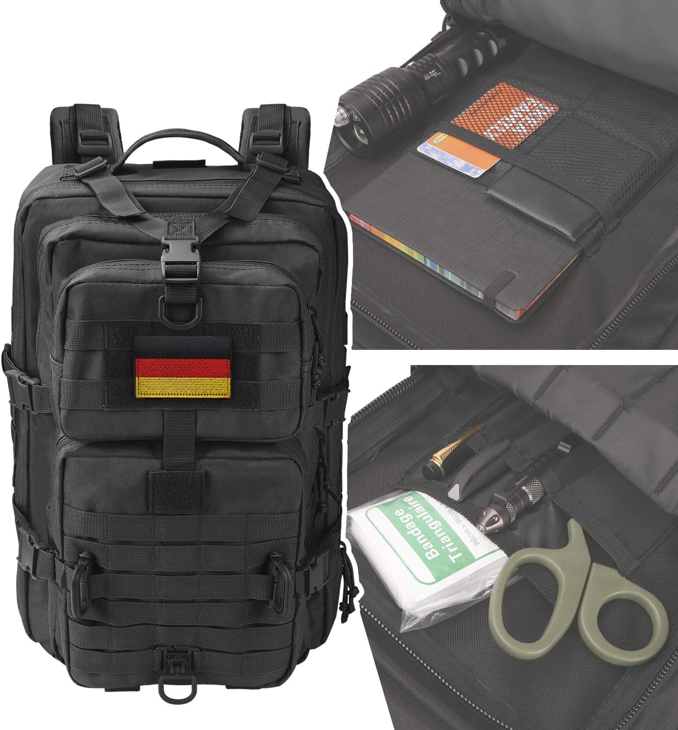 Hannibal Tactical Militär Taktischer Rucksack Cooper Rucksack Armee Assault Pack 3 Tage Bug Out Go Bag Trekking Wanderrucksack (40L,Schwarz-DE)