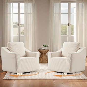 HOMREST Swivel Accent Chair Sets of 2, 360 Rotating Plush Comfy Armchairs with Storage Pocket, Beige Reading Chair for Bedroom Living Room Lounge
