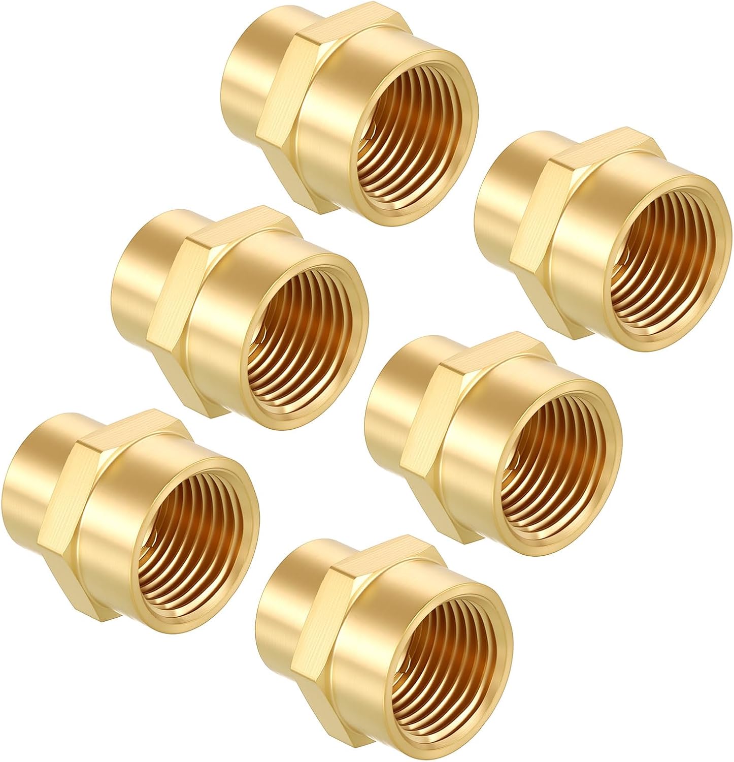 Pack of 6, 1/2" FeMale NPT to 3/8" FeMale NPT Solid Brass Pipe Fitting Coupler, Brass Coupling Hose Fittings Adapter for Pipe Leak Repair, Bathroom Remodeling, Tool Extensions