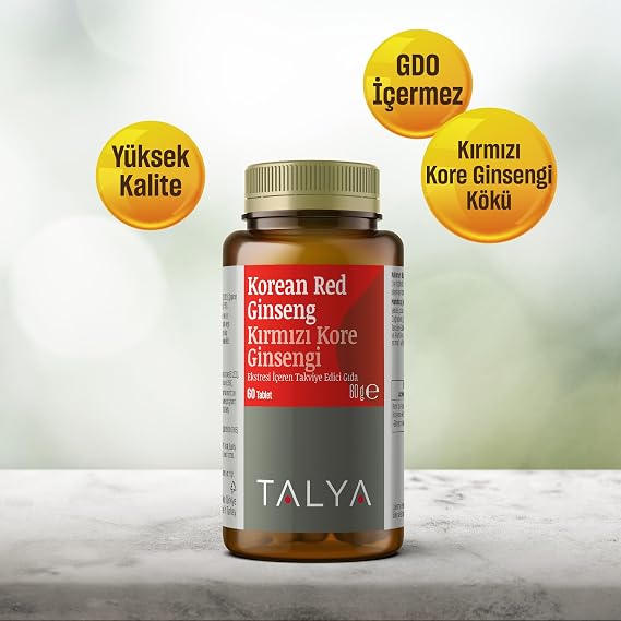 Talya Food Supplement Containing Red Korean Ginseng Extract - 60 Tablets - Red Korean Ginseng Root - Food Supplement
