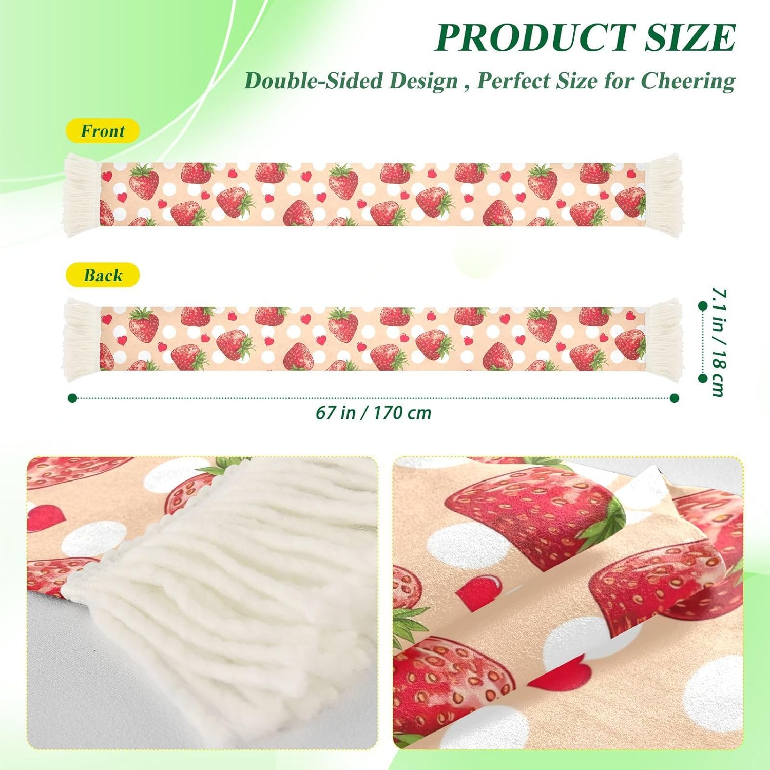 CHIFIGNO Red Strawberry Dot Sports Fan Scarf Towel, 100% Polyester Quick Dry Cheering Scarf for Soccer Games, Soft Fringe Ends Rally Towel