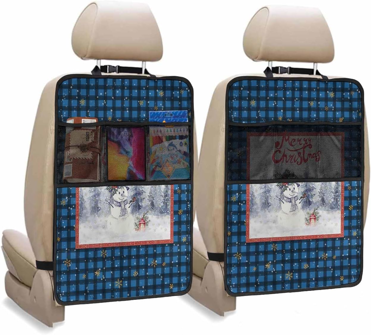 Car Seat Protector, 2 Pack Kick Mats with Organizer - 3 Pocket Storage, Blue Christmas Buffalo Grid Snowman Xmas Tree Forest Back Seat Cover for Kids Universal Fit Automotive Interior Protectors