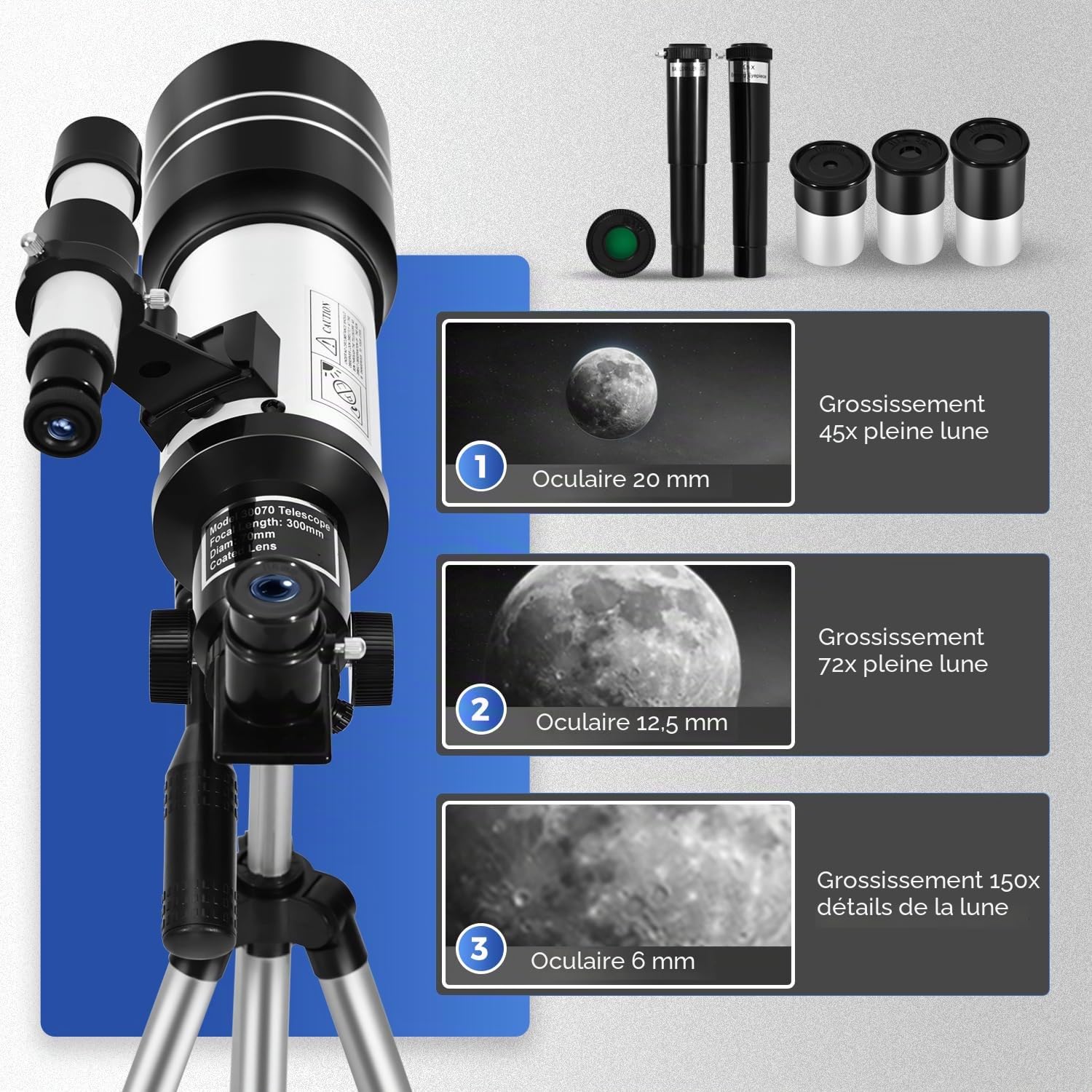 ESAKO Télescope Portable pour Enfants et débutants, Ouverture de 70 mm avec 3 oculaires, trépied réglable en Hauteur, Adaptateur de téléphone et télécommande, Cadeau de Noël