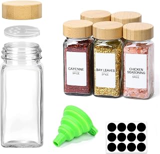 6Pcs Glass Spice Jars with Label, 4oz Empty Spice Jars with Bamboo Lids, Seasoning Containers Trial and Supplement Set, Square Small Spice Bottles for Salt, Herbs, Sugar, Pepper